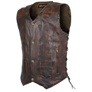 High Mileage Mens Vintage Brown Premium Cowhide Ten Pocket Leather Motorcycle Vest