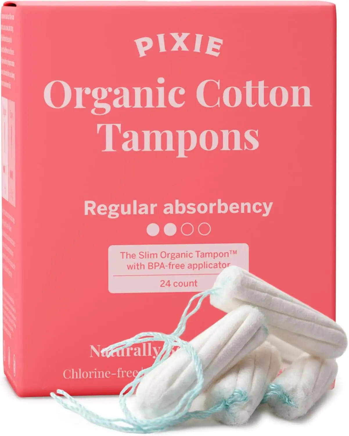 Pixie Organic Cotton Tampons – Regular Absorbency – BPA-Free Long Applicator – Unscented, Chlorine-Free Feminine Care – 24 Count