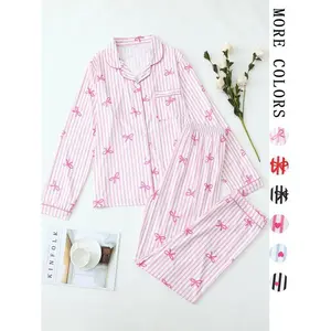 Valentine’s Day pajamas: two-piece women’s pajama set featuring a full-bow print, a button-front shirt, and matching pants; casual and comfortable long-sleeve lapel-top and pants PJ set; women’s sleepwear for spring and autumn. GARMENTARY