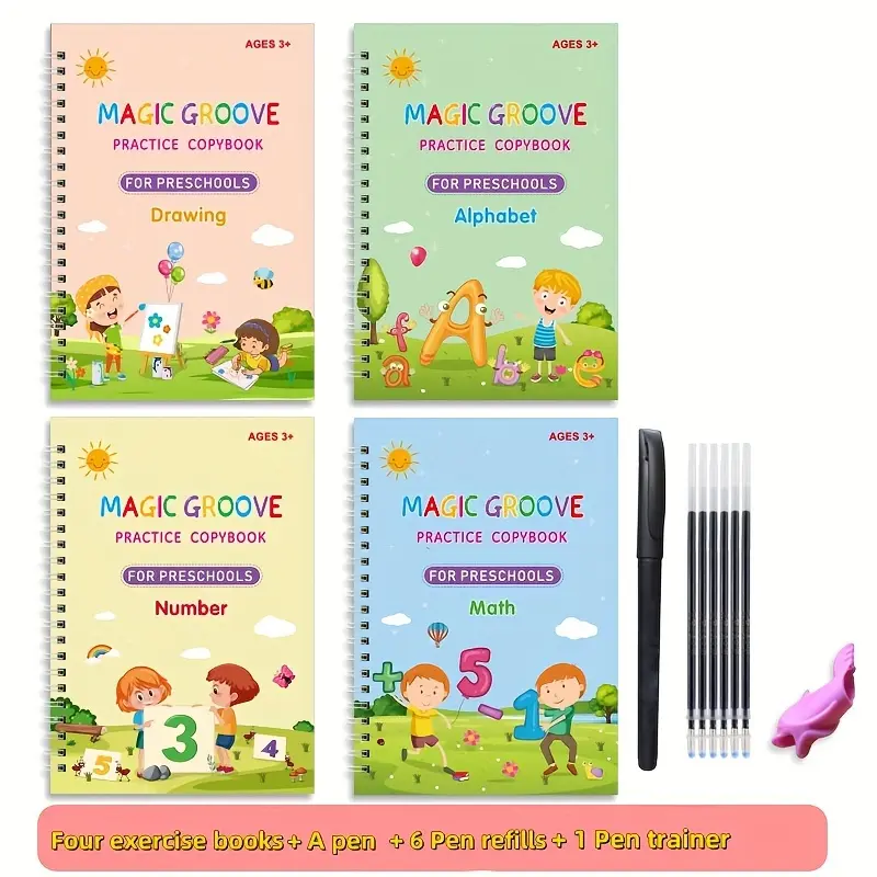 4 reusable Grooved handWriting Practice Books, magic writing practice books with 4 books numbers, maths, alphabets and drawing, with 1 pen and 6 refillsThe perfect gift for children.