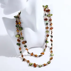 Colorful Bead Long Necklace for Women Boho Handmade Irregular Natural Shell jade Glass Beads Vintage Chunky Layered Sweater Chain Accessory Statement Jewelry Colorful Shell Design
