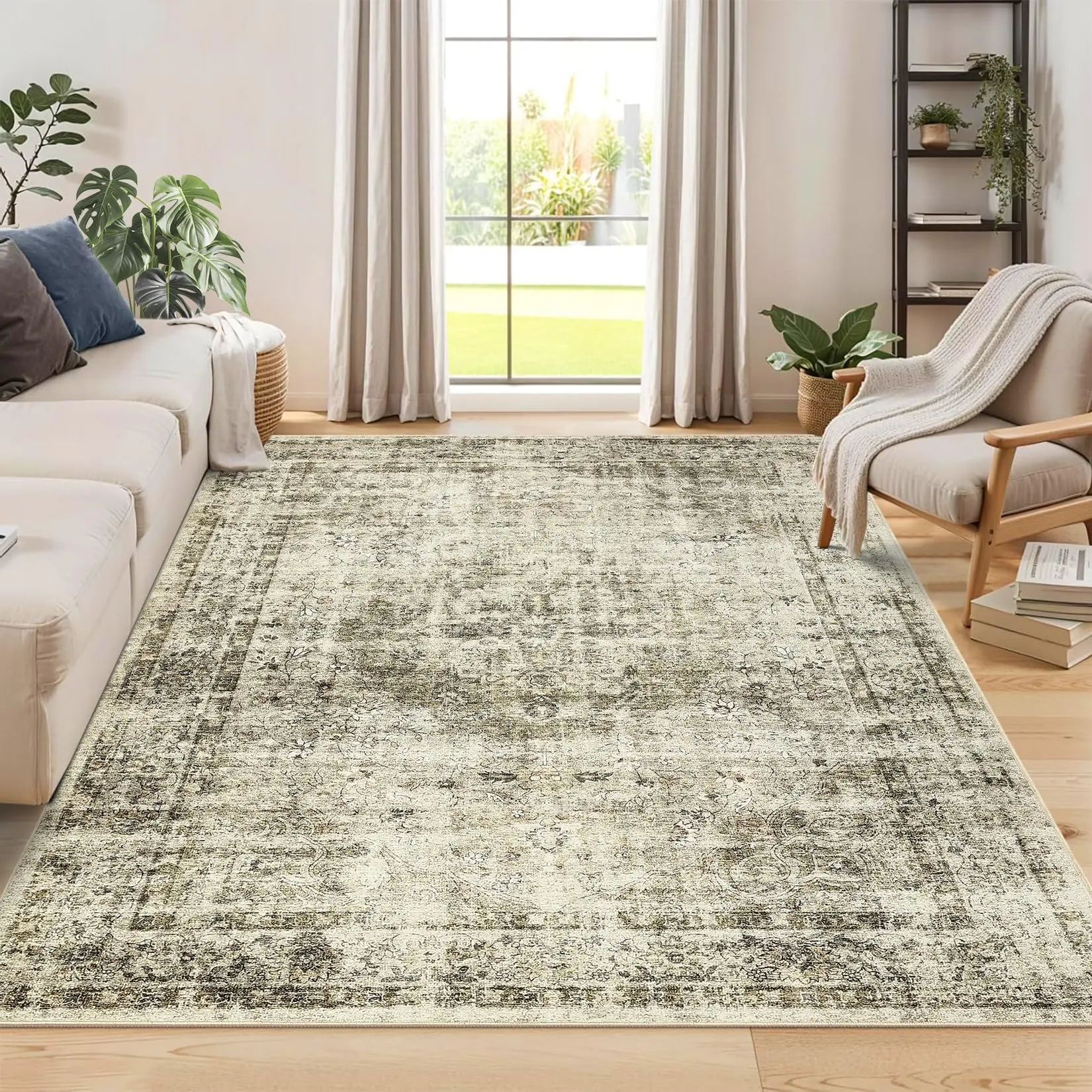 GARVEE Large Vintage Living Room Rug 10x13 Oriental Distressed Accent Carpet with Non-Slip Backing, Soft Low Pile Area Rug, Washable Traditional Indoor Mat for Bedroom, Office, Light Green