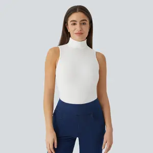 Halara Ribbed Knit High Collar Sleeveless Casual T-Shirt Fabric Womenswear