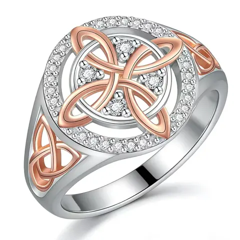 925 Sterling Silver Rose Gold-Plated Celtic Knot Ring - Cubic Zirconia Witchcraft Aesthetic Folkloric Ring for Pagans, Pagan Jewelry for Devotion, Protection, Healing, Pagans Jewelry, Rose Gold Plated Rings