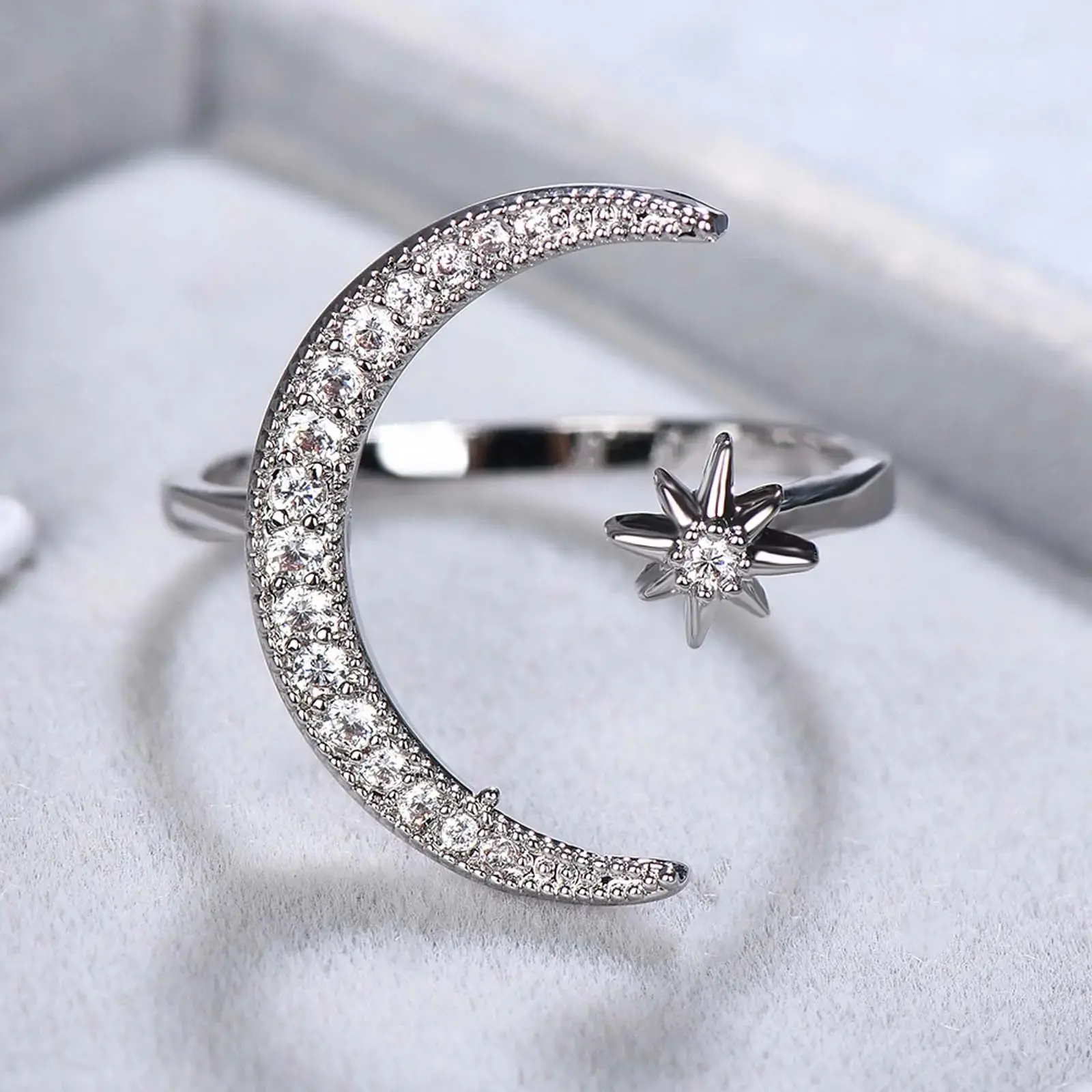 Adjustable Open-Fit Moon Crescent Stainless Steel Ring - Celestial Style, Rhinestone Decor, Moissanite Band, Statement Ring, Everyday Wear Artificial Gemstone Jewelry Accessory