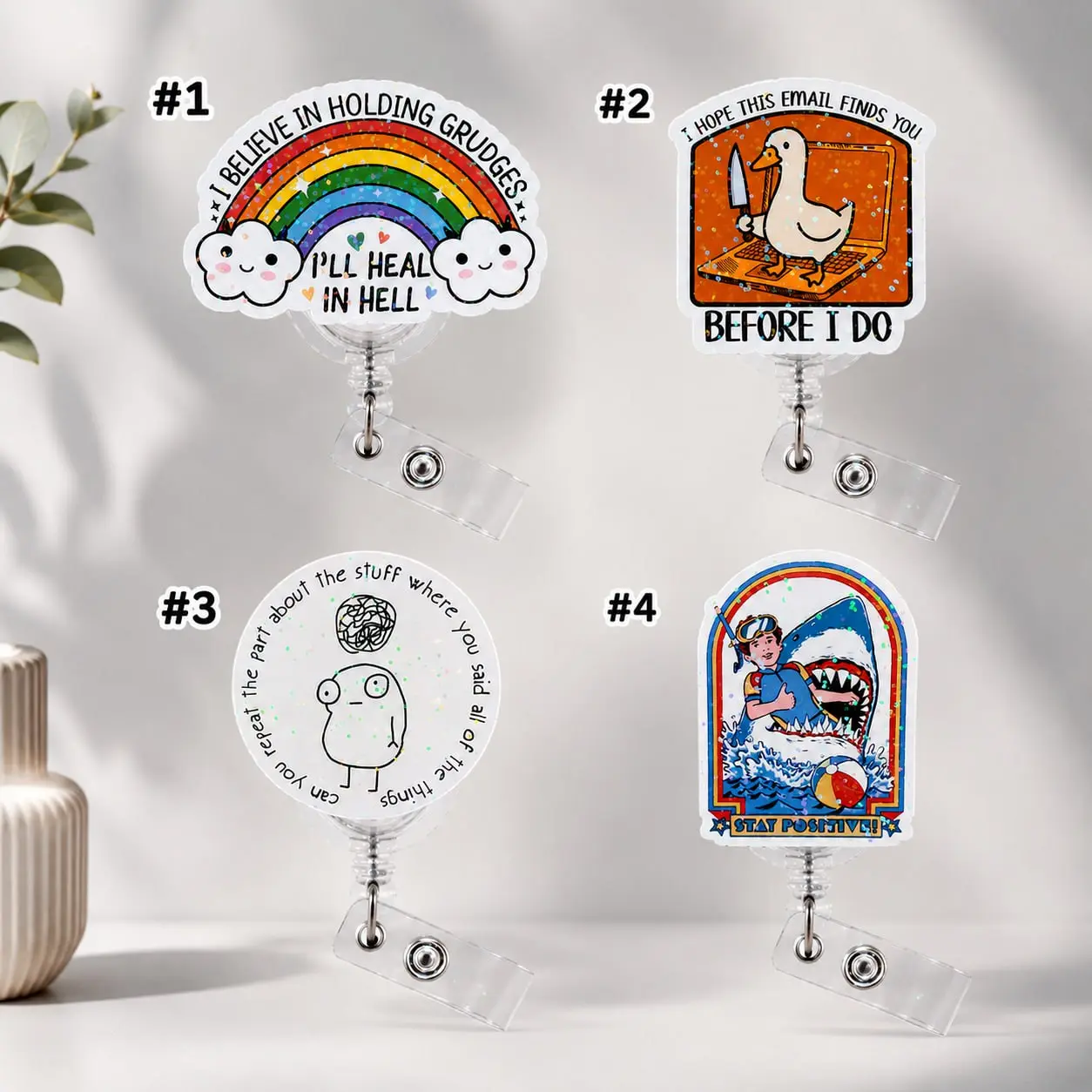 Funny Holographic Badge Reel Set, Cute Retractable ID Badge Holder for Nurses, Teachers & Office Staff, 4 Unique Acrylic Designs