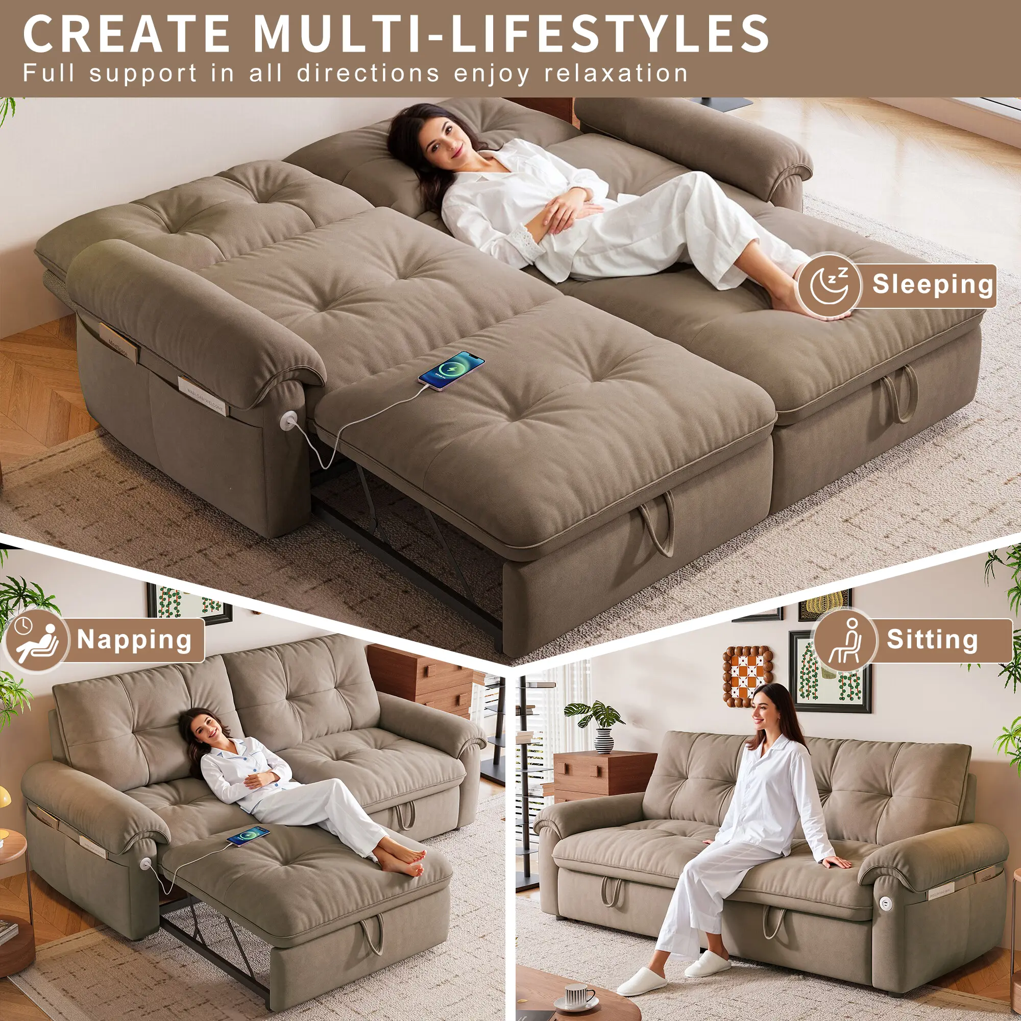 3-in-1 Convertible Sleeper Sofa Bed - Adjustable Pull-Out Folding Comfy Couch with Multi-Pockets, Easy-Install Compact Space-Saving Indoor Furniture for Small Space Living Room Bedroom