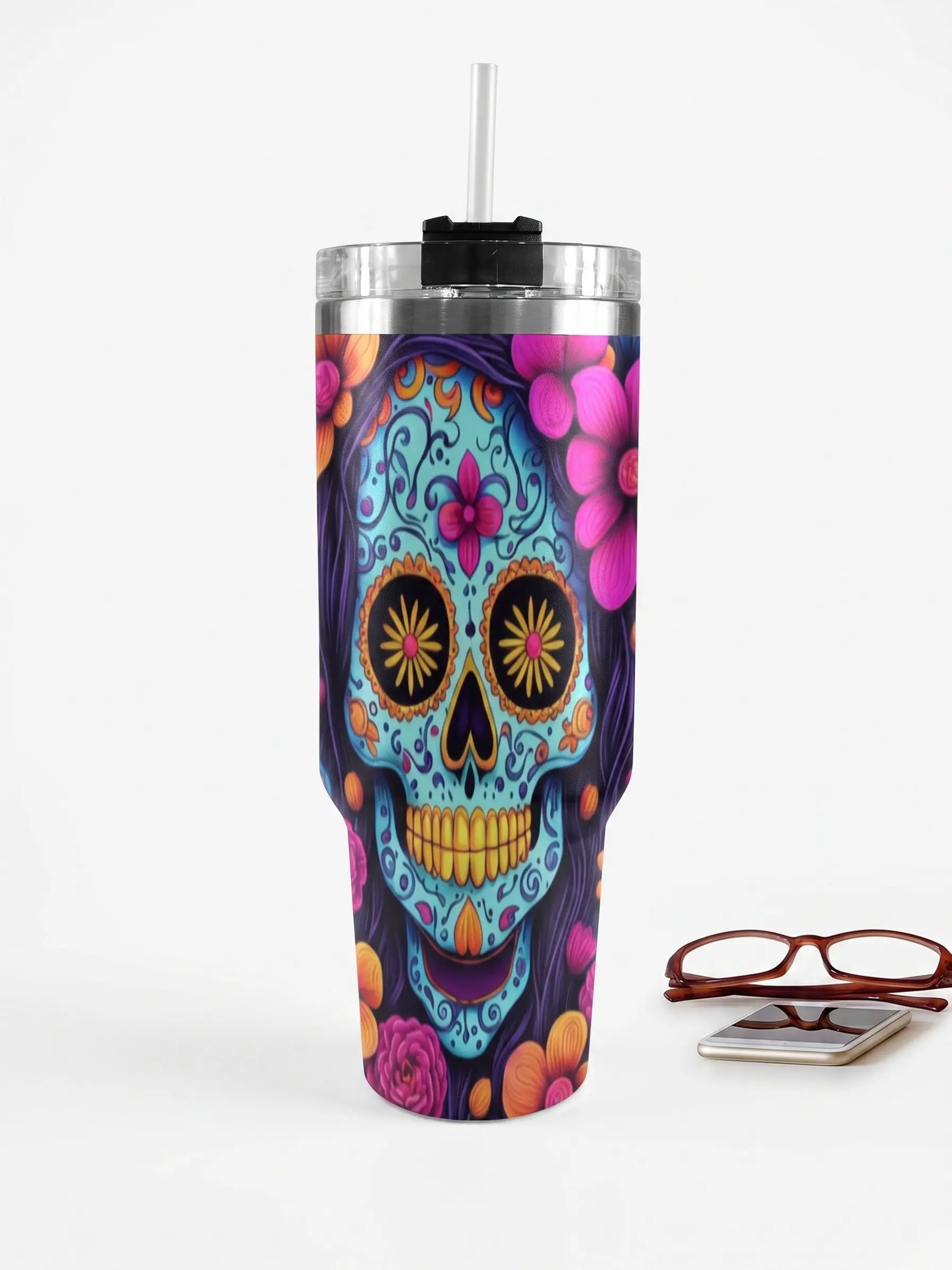 40oz Stainless Steel Sugar Skull Vacuum Flask - Floral Calavera Gothic Mexican Art Insulated Portable Stylish Drinkware, Plastic-Free Travel Coffee Bottle with Handle