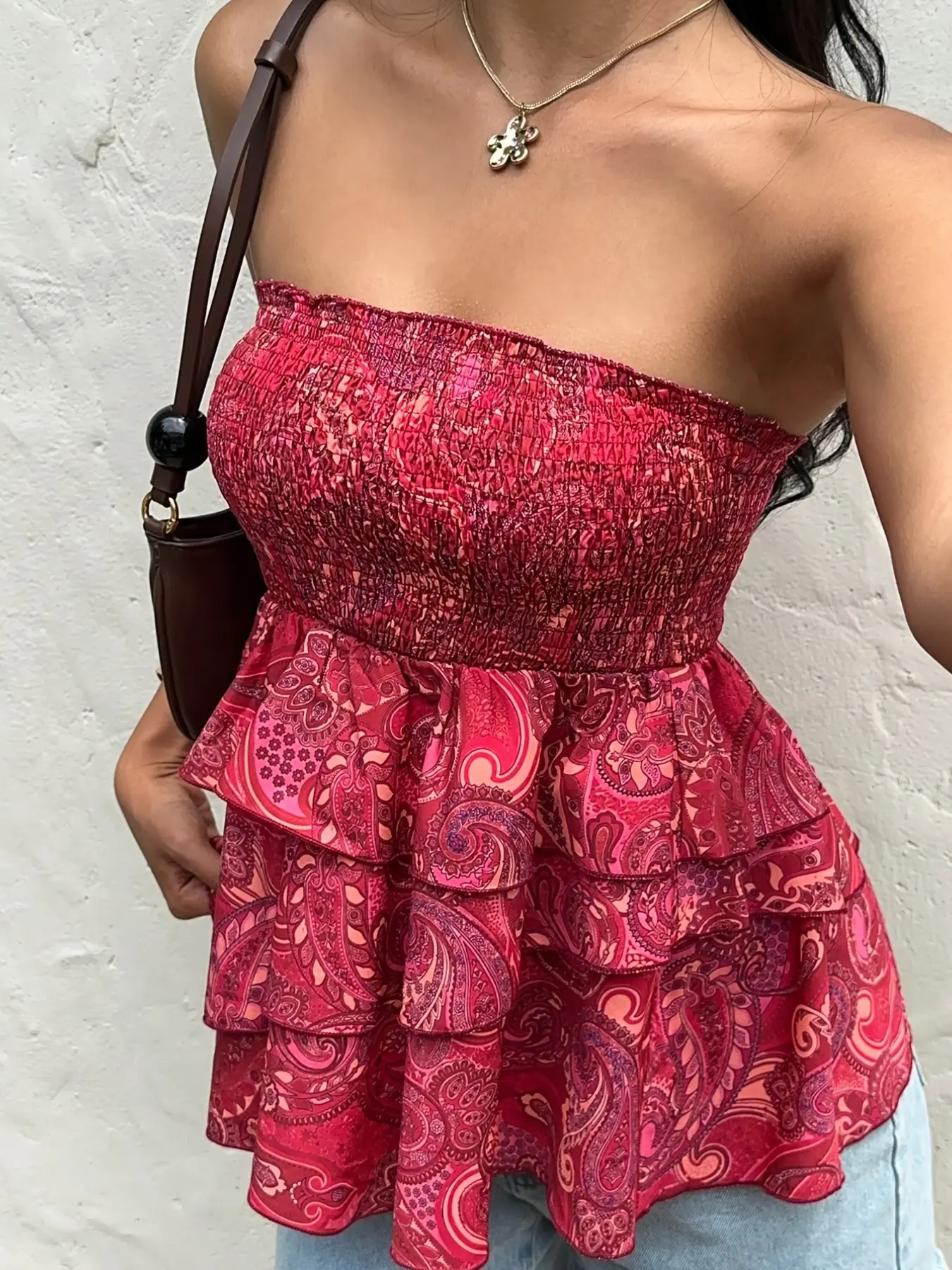 Elegant Women's Summer Casual Fashion Sleeveless Boho Bohemian Paisley Print Multi-Layer Irregular Ruffle Cami Top, Stylish Crop Top for Daily Wear