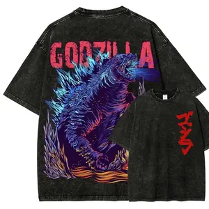 Men's Distressed Vintage Washed Godzilla Oversized Short-Sleeve Round Neck Cotton T-Shirt - Menswear Tops, Black Gothic Streetwear with Neon Kaiju Art Print, Anime Fan Festive Apparel