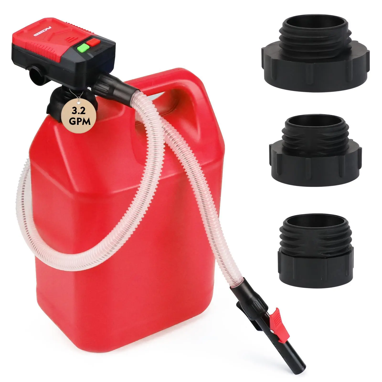 SEDY Automatic Fuel Transfer Pump with Auto-Stop Sensor, 3.2 GPM Efficient Flow, Portable Design, 3 Gas Can Adapters, 4.6cm/1.8in Size, 4 AA Batteries, Durable Hose - Tools & Hardware Accessory for Boats, Tractors, Farms