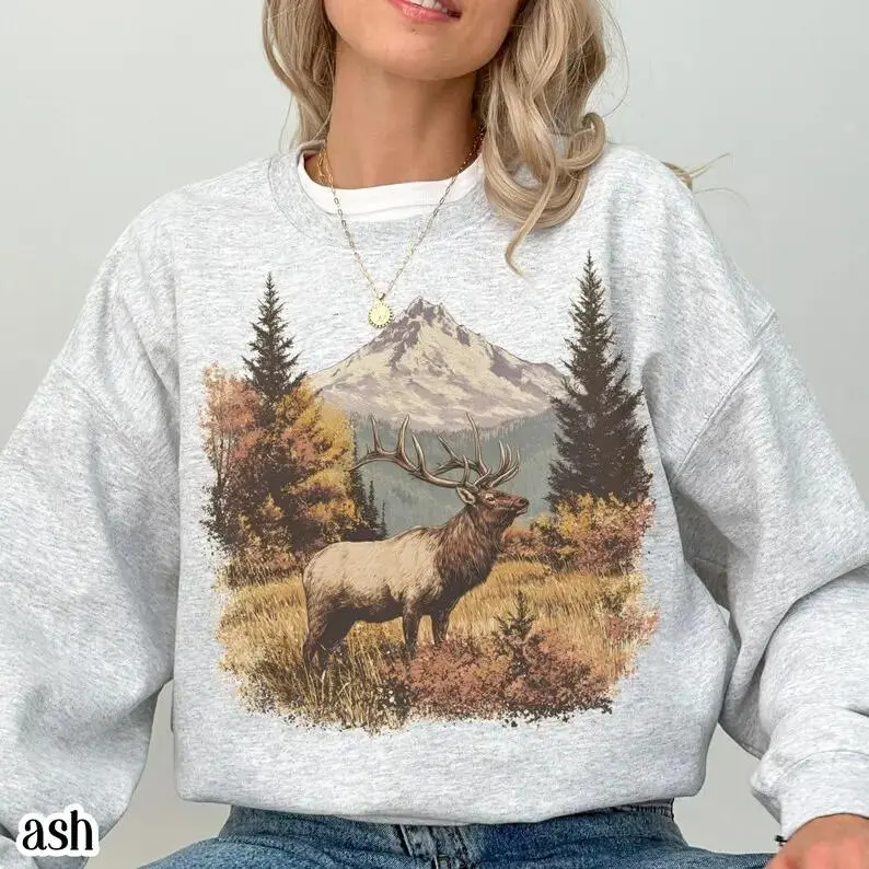 Retro Elk Sweatshirt Vintage Fall Hunter Scene Sweater 90s Bull Forest Nature Outfit Crewneck Americana Nostalgia Elk Deer Sweatshirt