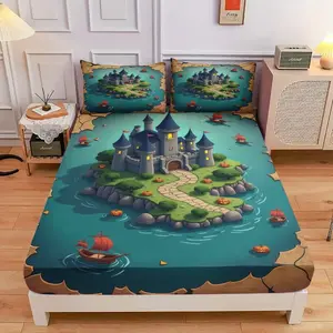 3-Piece Comfortable And Mysterious Island Castle Bed Hat Set, High-Definition Digital Printing, Soft And Breathable, 100% Polyester Fiber, Perfect Gift For All Seasons, Suitable For Family And Friends. Clearance Sale