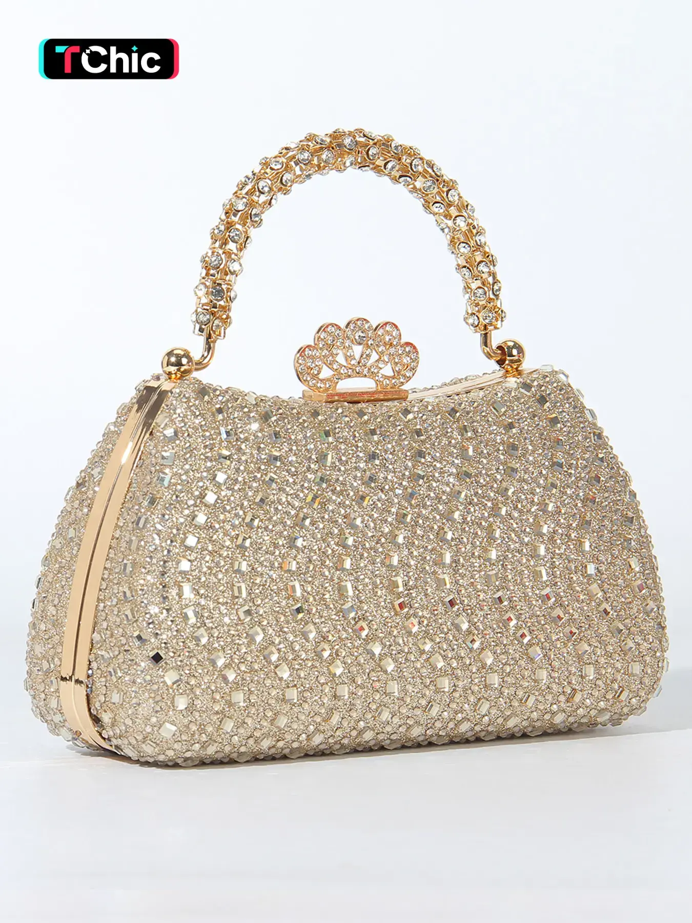 Full-Diamond Women's Evening Clutch Bag, Fashionable Embellished Clutch, Strass-Handle Design Flower-Shaped Diamond-Studded Lock Clasp Includes Shoulder Strap for Crossbody Wear Ideal for Formal Occasions Rhinestone Bag, Evening Purse, Elegant Clutch