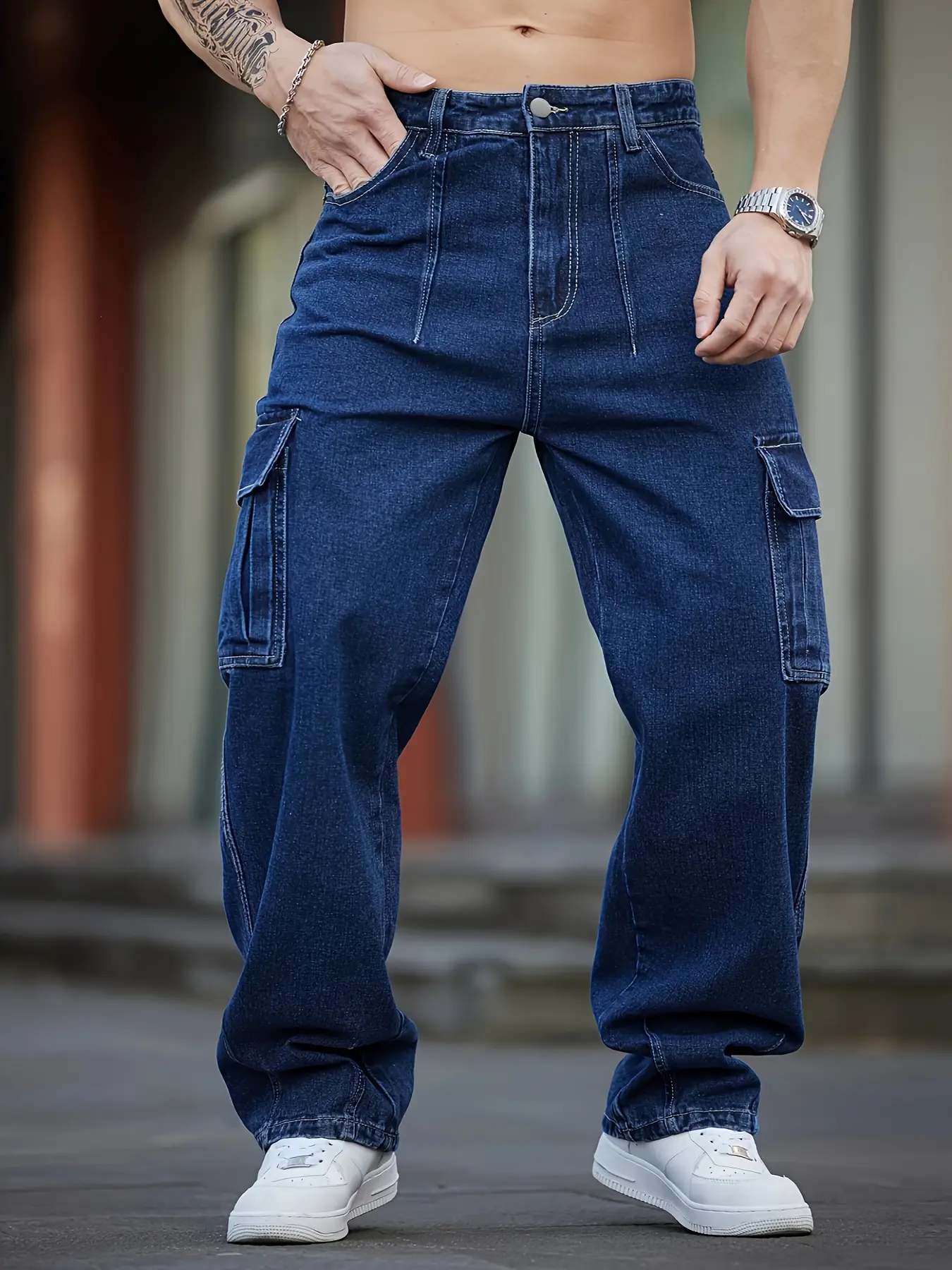 Men’s Dark Blue Cargo Straight-Leg Jeans – Relaxed Fit Stretch Denim Pants with Utility Flap Pockets, Y2K Streetwear. Streetwear #CargoPants #Y2KFashion #TikTokMadeMeBuyIt Menswear Trouser Beige Plain Operator Motocross
