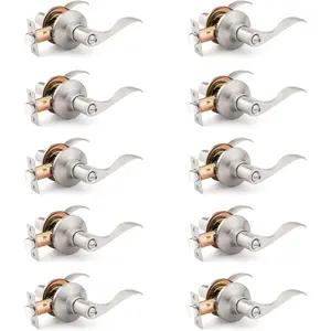 10 Pack Satin Nickel Privacy Door Lever, Modern Interior Door Knobs Locks for Bedroom and Bathroom, Heavy Duty Reversible Wave Lever Door Handle