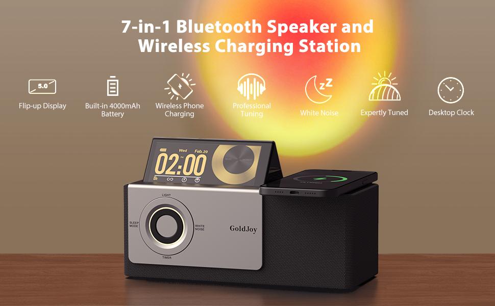 GoldJoy Flip-Up Display Screen Bluetooth Speaker, 7-in-1 Wireless Charging Station, Romantic Sunset Lamp, White Noise, Portable Bedside Speaker, Deep Bass Stereo Sound, Aesthetic Bedroom Decor, TikTok Home Gadget, Portable Outdoor Mini Bluetooth Speaker A