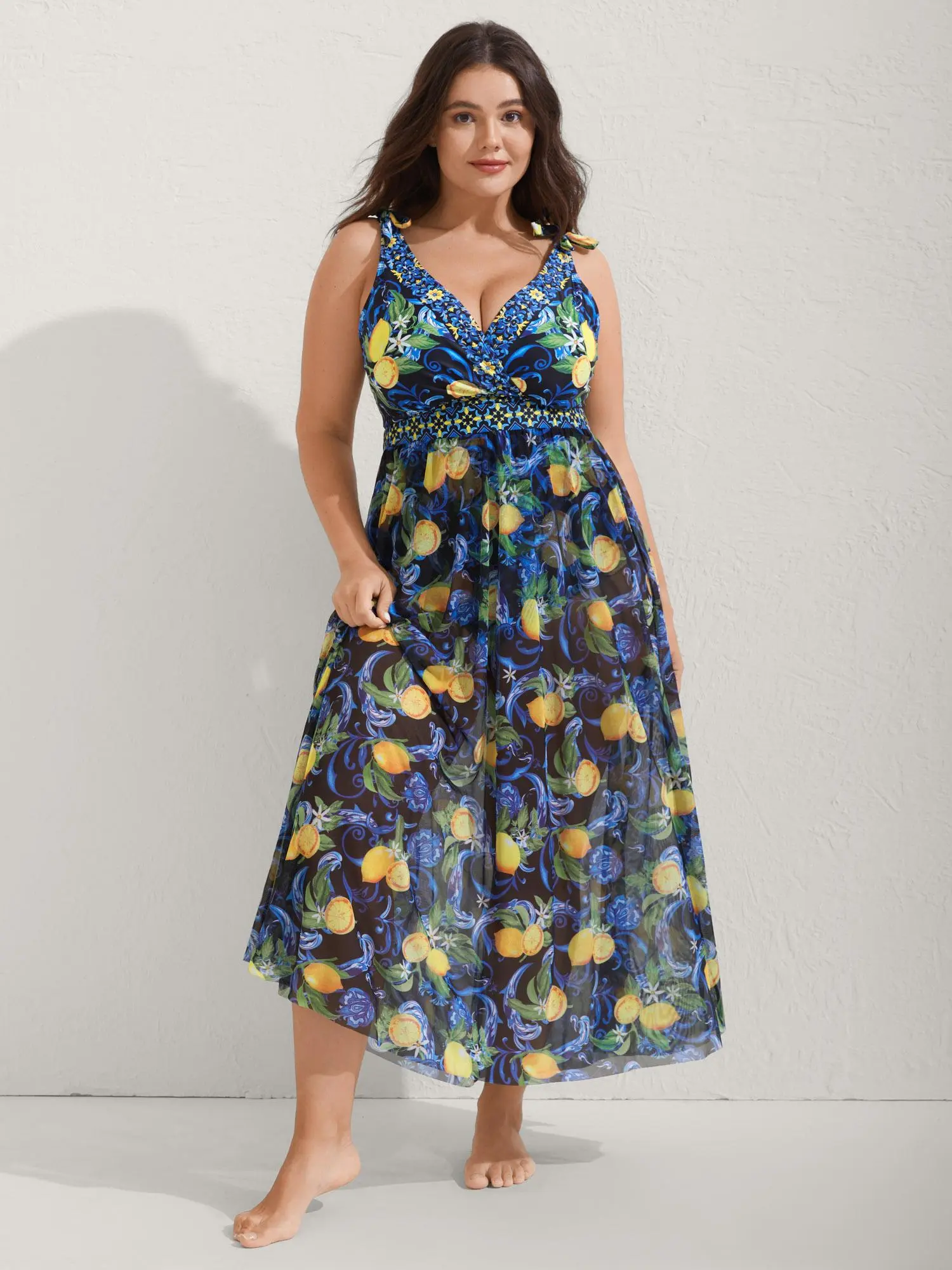 BloomChic Women's Plus Size Citrus Print Tunic Tankini Set, 2-Piece High Waisted Bodycon Swimsuit with Tummy Control and Full Coverage, Tankini Outfit Swimsuit, Swimwear Beach Outfits