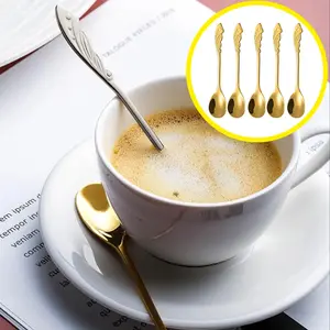 Exquisite Carved Feather Coffee Spoons, Set of 5 Thickened Stainless Steel Teaspoons, Cutlery, Perfect for Afternoon Tea and Party Table Decor, Ideal for Gift Giving