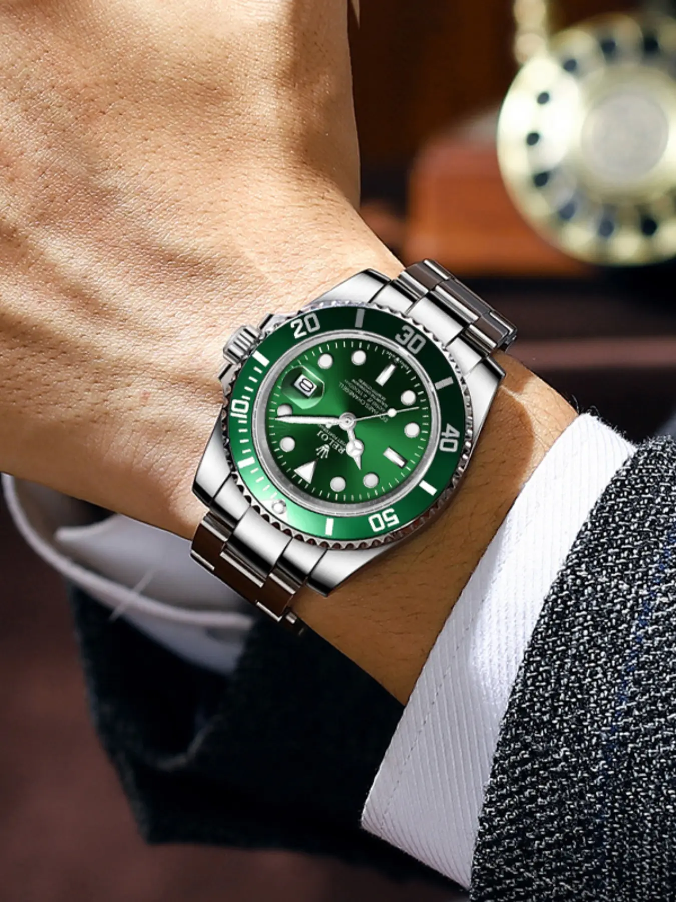 Water Ghost Series Submariner Fully Automatic Movement Watch for Men, Waterproof Luminous Calendar Male Student Watch, Hollow Design, Butterfly Buckle Strap, Stainless steel watch, Fashionable Wristwatch, Fashion Accessories