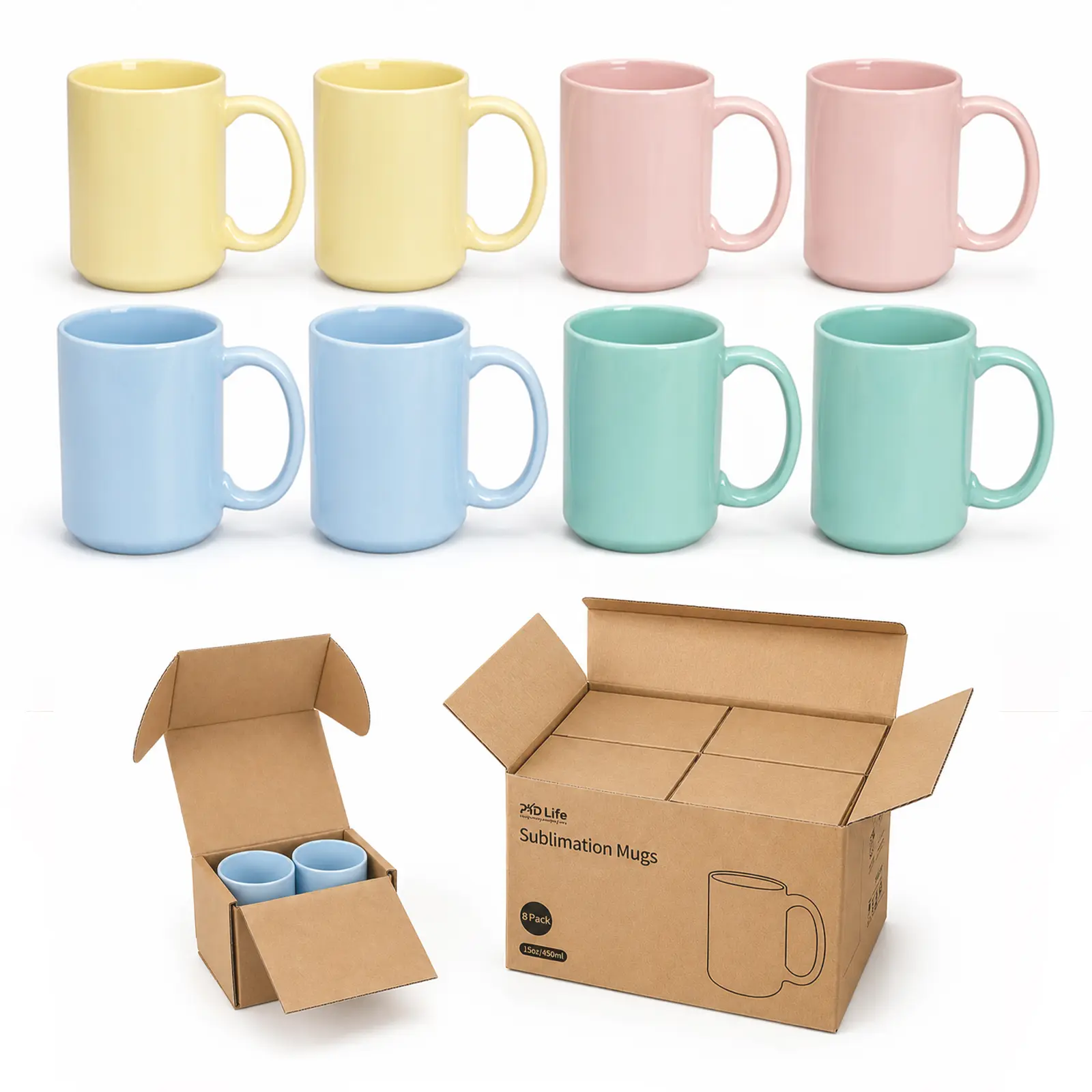 PYD Life 8 Pack Sublimation Mugs 15 OZ Mixed Macaron Pastel Colors Ceramic Cups | Sublimation Coffee Photo Mugs, Soft Tone Design Perfect for Gifts, Cafe style Branding and Craft DIY projects