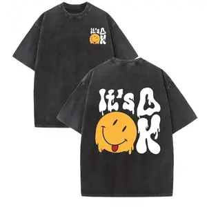 Holafish Casual Cotton T-Shirt -Drop Shoulder Vintage Streetwear with "It's Okay" Smiling Face Graphic Unisex Hip Hop Top, Acid Wash T Shirts