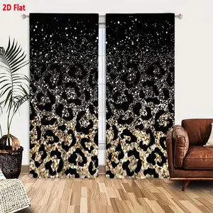 2D Flat  2-Piece Curtain Set, Home Decoration Curtain, Black Abstract Jagged Leopard/Cheetah Spot Pattern with Golden Glitter Gradient Background, Shimmering Glamorous Decorative Drapes for Bedroom Living Room, Festive and Stylish Window Treatment