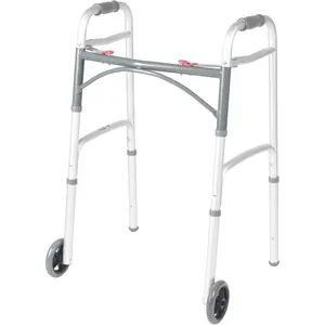 Drive Medical 2-Button Foldable Walker with Wheels - Lightweight Rolling Mobility Support, Adjustable Height, Dual Push-Button Operation, 5 in Front Wheels, Durable Aluminum, Silver