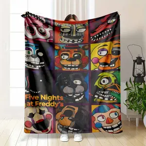 Five Nights at Freddy's Flannel Blanket FNAF Characters Grid Print Freddy Bonnie Chica Mangle Puppet Balloon Boy Pop Art Horror Game Style Soft Warm Fuzzy Throw Perfect for Gamer Room Bedroom Dorm Gift for Kids