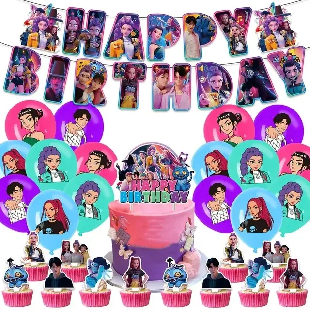 K-Pop Devil Hunter party balloon decorations include Happy Birthday banner backdrops, cake decorations, and cupcake decorations.