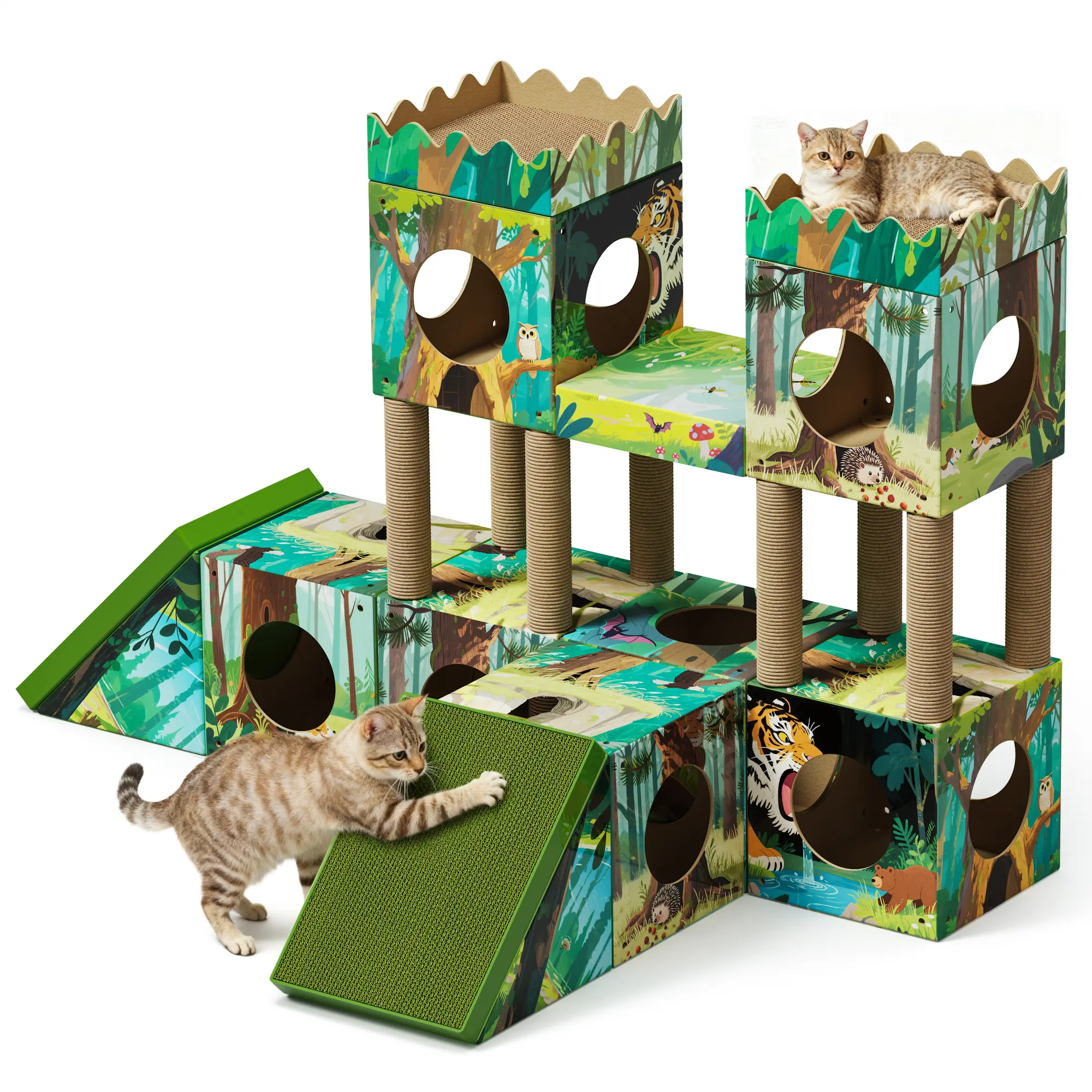 PalNests Cat Trees Tower, 3-in-1 Multi-Level Cat Tree Tower with Scratching Posts, Scratching Board, Tunnel & Playhouse for Kittens & Medium Cats, DIY & Recyclable