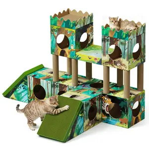PalNests Cat Trees Tower, 3-in-1 Multi-Level Cat Tree Tower with Scratching Posts, Scratching Board, Tunnel & Playhouse for Kittens & Medium Cats, DIY & Recyclable