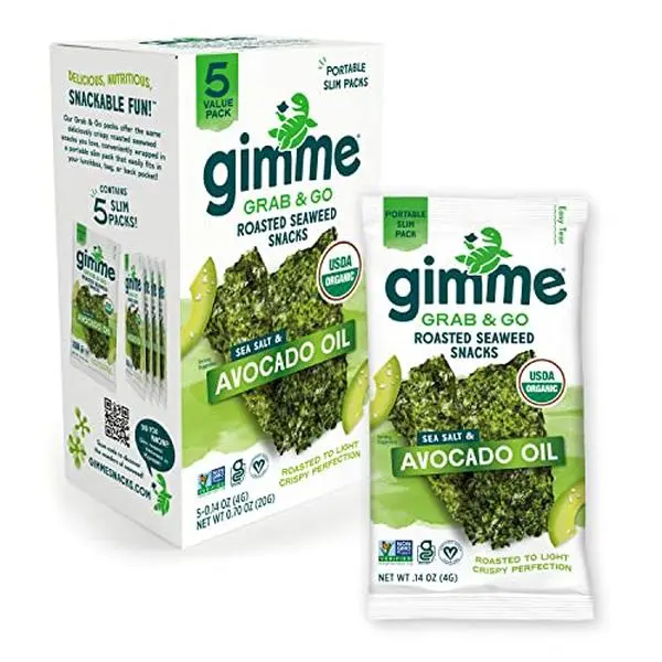 Gimme Seaweed Grab & Go - Sea Salt & Avocado Oil - 5 Count - Organic Roasted Seaweed Sheets - Keto Vegan Gluten Free - Great Source of Iodine & Omega 3’s - Healthy On-The-Go Snack for Kids Adults