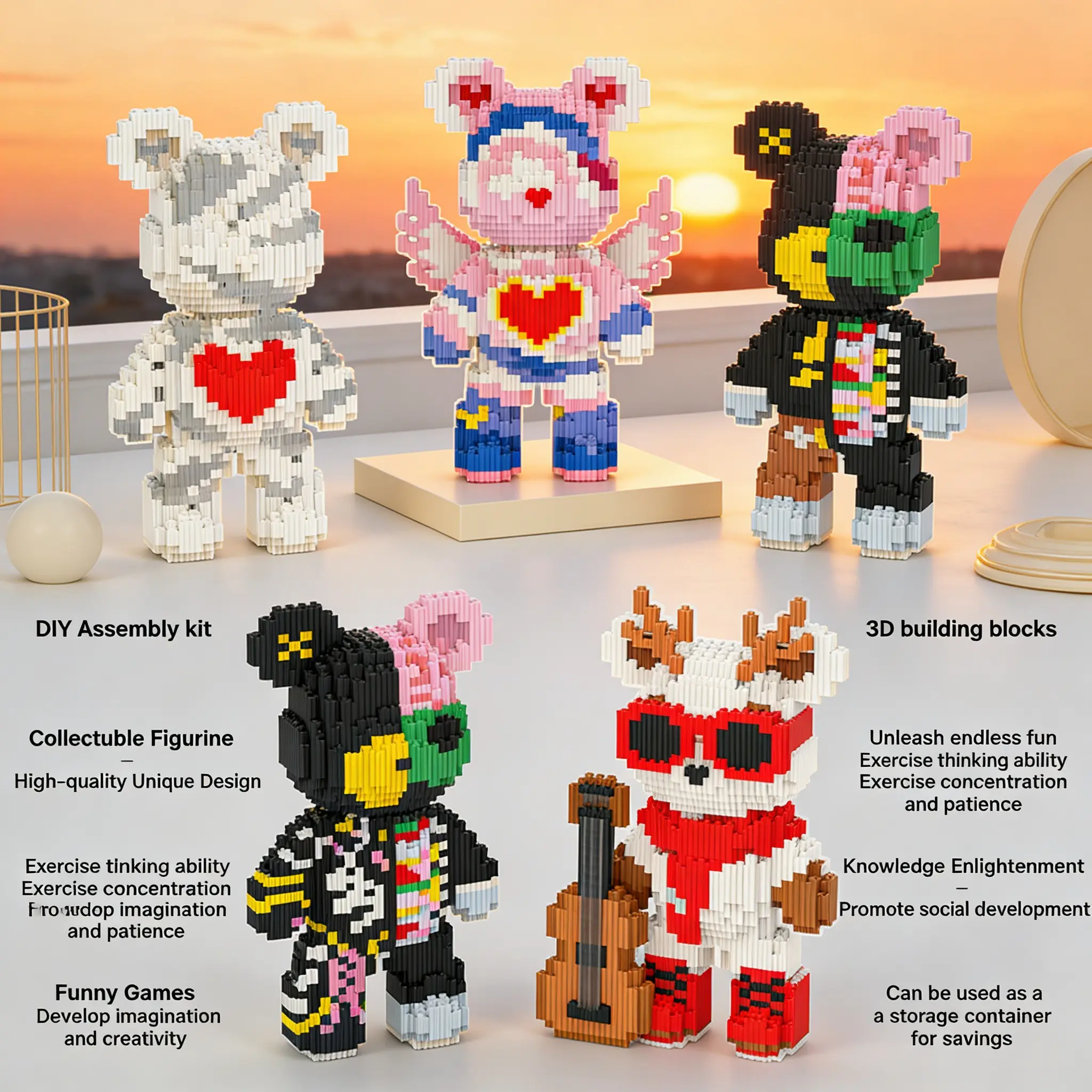 Multicolor Surprise Gift Bear 3D Building Blocks Decoration, Bookshelf Home Office Cabinet Decor, Party Living Room TV Stand Display