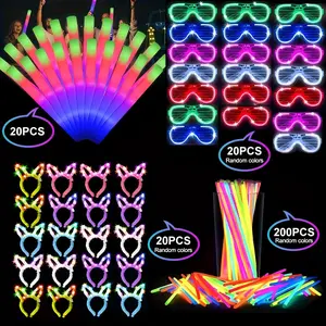 260 PCS Glow in the Dark Party Supplies, New Year's Party Favors - 20 Foam Glow Sticks, 20 LED Glasses, 20 Bunny Hair Bands, 200 Glow Sticks for Halloween, Christmas, Concerts, Birthdays, Holiday Party