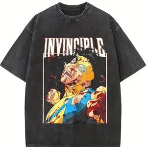 valentine shirts 230G Washed Cotton-Shirt, Men'S Casual Fashion, With Dark 'Invincible Comic Character Pattern And Text INVINCIBLE' Print, Outdoor Sports-Shirt |   Loose Fit |   Soft Knitted-Shirt