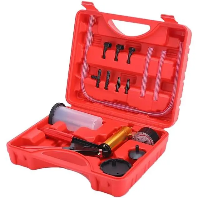 GJANSH 2 in 1 Brake Bleeder Kit with Hand Vacuum Pump with Gauge Adapters Automotive Brake Fluid Bleeding Set with Protected Case for Car Truck (Red)
