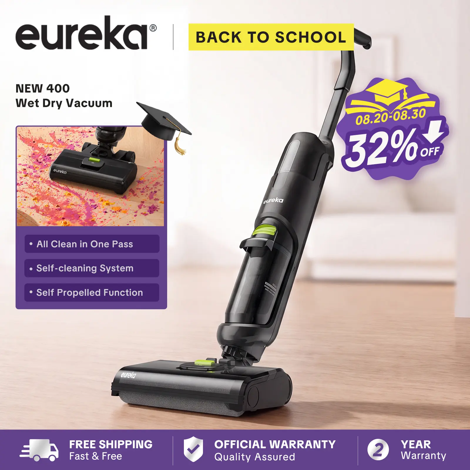 Eureka NEW400 Cordless Wet-Dry Hard Floor Cleaner - 2-in-1 Cordless Vacuum Mop, Self-Propelled, Self-Cleaning, Multi-Surface, Sticky Mess Cleaning, Durable Household Vacuum & Floor Care Appliance