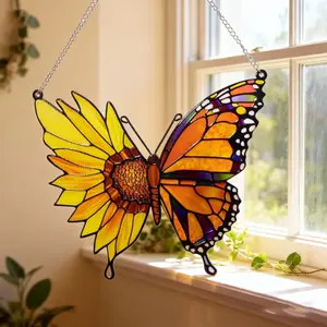 Stained Glass Butterfly Sunflower Suncatcher – Vibrant Window Decor