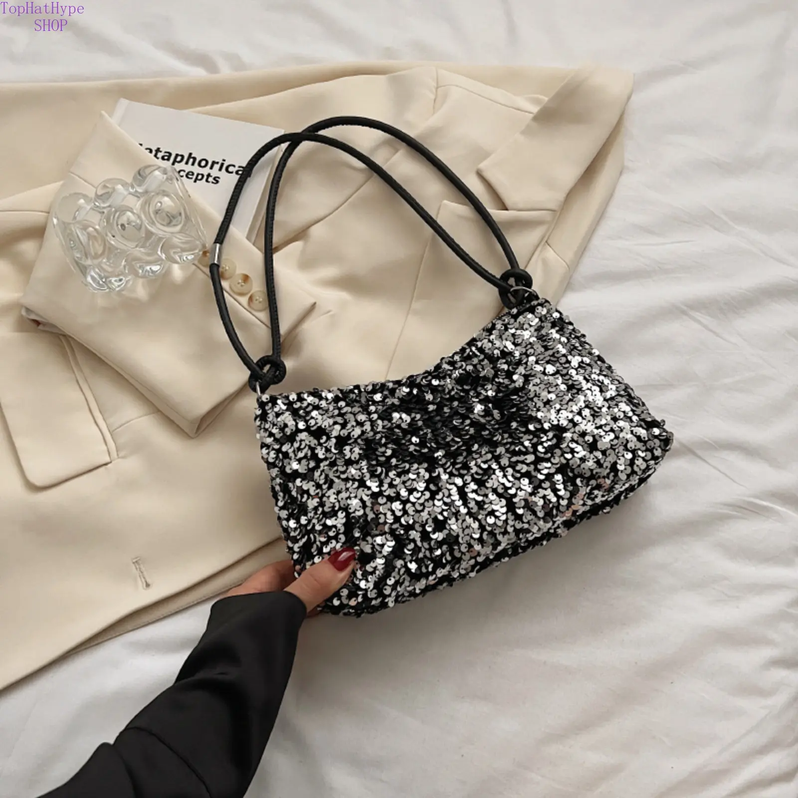 Bling Shoulder Bag for Women, Shiny Textured Sequin Fabric, Elegant Baguette Style with Large Capacity, Lightweight for Parties, Bling Crossbody Bag, Large Cap, Shiny Fabric, Fashionable Purse, Shiny Finish