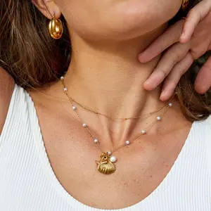 Tewiky 14K Gold Layered Artificial Gemstone Necklace - Waterproof Satellite Pearl Chain, Starfish & Shell Pendant - Dainty Women's Beachy Summer Jewelry, Ocean Lover Gift