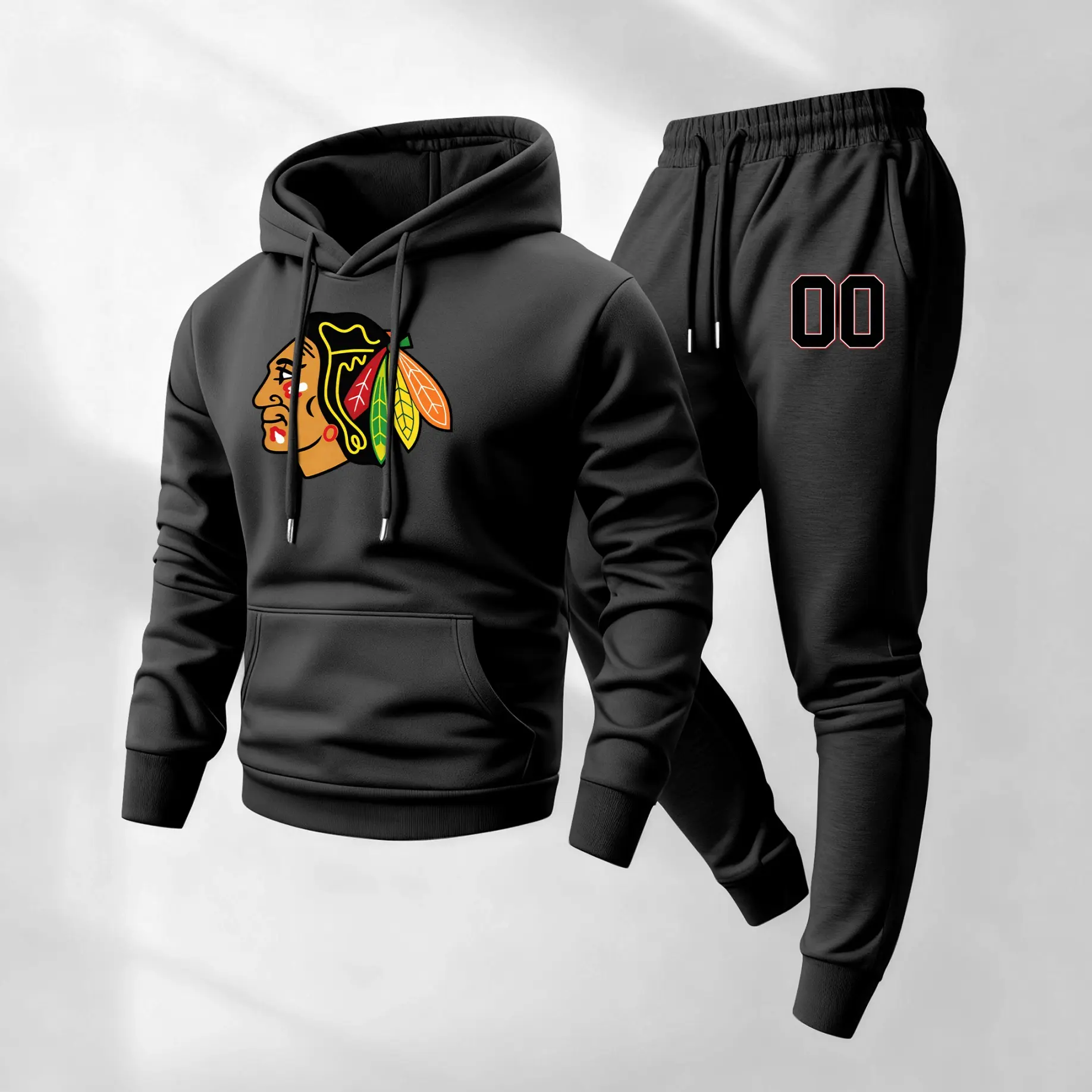 Men's Print Hooded Drawstring Sweatpants Set, Casual Two-Piece Set, Hoodie Paired with Sweatpants, Long-Sleeved Tracksuit for Autumn and Winter, Suitable for Indoor and Outdoor Activities, Men's Everyday Sportswear Set.