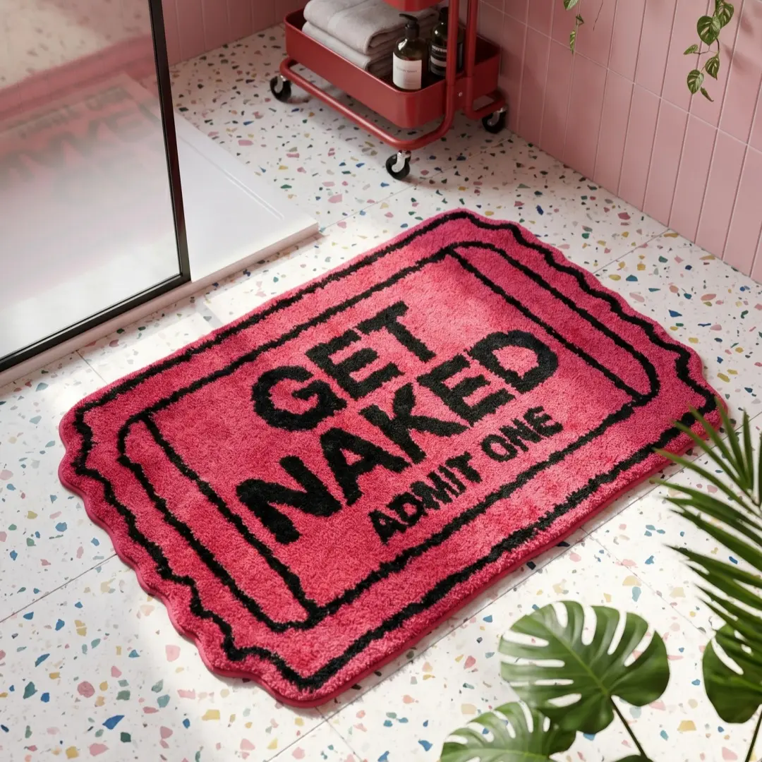 Fluffy Tufted Bathmat - Pink Rectangle "Get Naked" Cute Classic Water Absorbent Mat, Soft Anti-Slip Bathroom Rugs Washable for Bathroom Decor, Shower Accessories