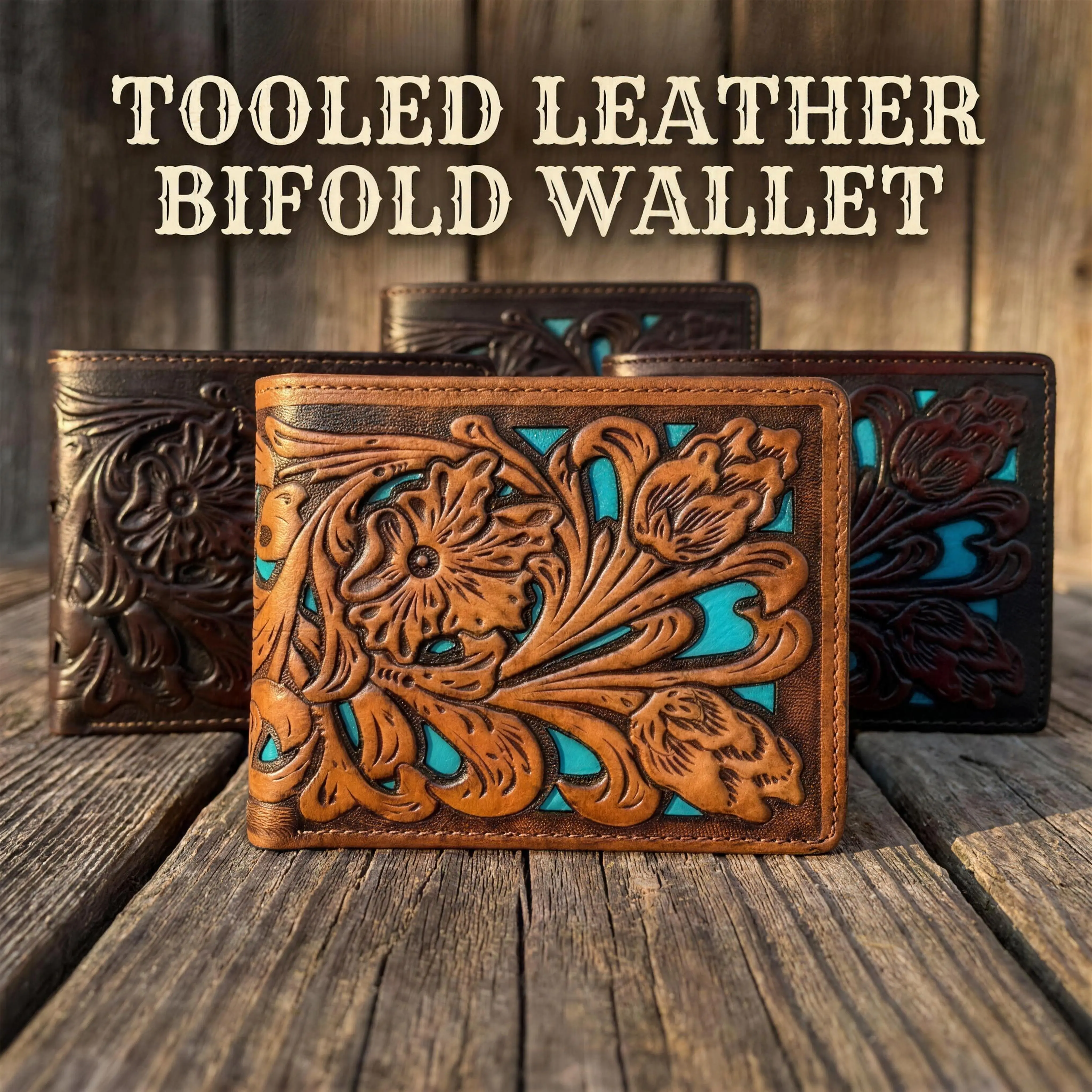 Western Genuine Tooled Leather Laser Cut Bifold Short Wallet