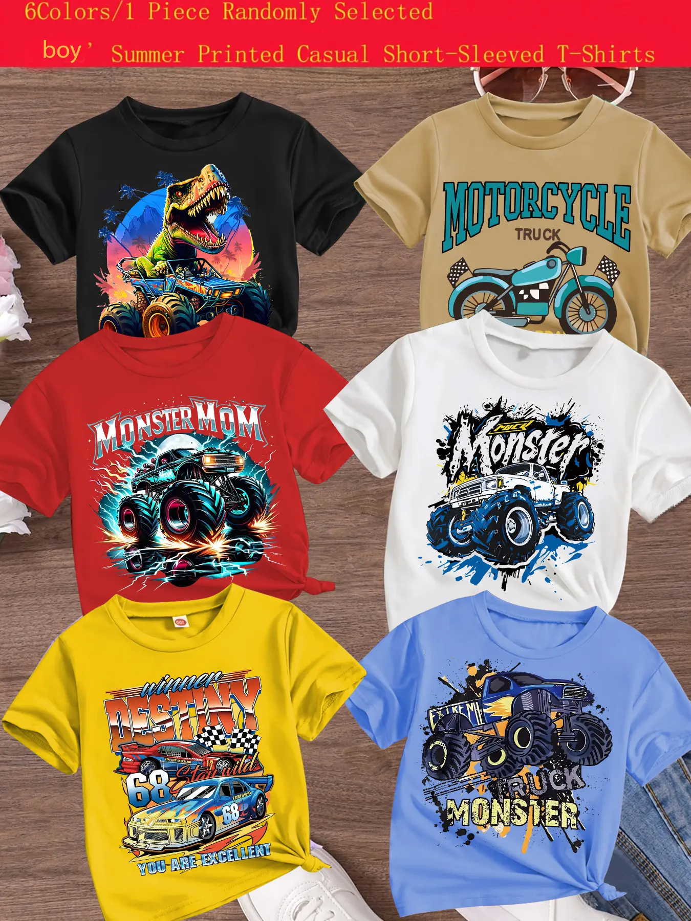 Boys Summer Casual Cool Truck Racing Print Comfortable Versatile Short Sleeve T-Shirt, Random Style, Perfect Gift Clothing, Cartoon Print Tee