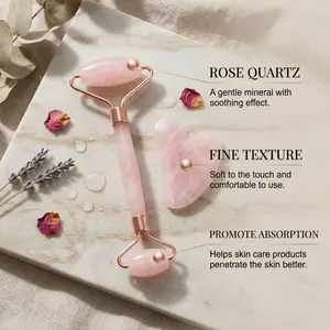 Rose Quartz Facial Roller & Gua Sha Set | Cooling Massage Tools for Glowing Skin & Self-Care Ritual