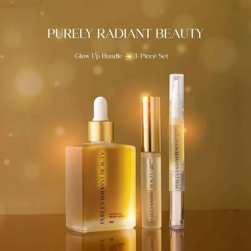 Purely Radiant Beauty Self-Care Glow-Up Bundle – Viral Lash & Brow Serum, Hair Growth Oil, Nail Strengthening Oil – Natural Growth with Castor, Rosemary, Jojoba, Argan – For Fuller Hair, Longer Lashes, Stronger Nails – USA Made - Vegan - Organic Oil
