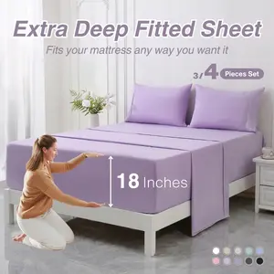 3/4pcs 20 Inch Extra Deep Pocket Bed Sheets Sets, 3000TC Fits Deep Mattress, Breathable, Hotel Luxury Bed Sheet Set - Soft, Wrinkle Free & Comfy, Pillowcase, Bed Sheet, Fitted Sheet, Twin/Full/Queen/King Local Warehouse