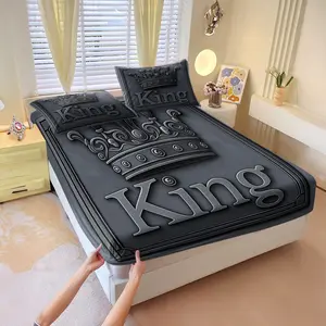 👑 "King" Crown Print Fitted Sheet Set, 3 Piece Soft Microfiber Bed Sheet Set with Pillowcases, Wrinkle-Resistant & Durable, Regal Bedroom & Guest Room Decor, Perfect for Him to Feel Like Royalty - No Filling