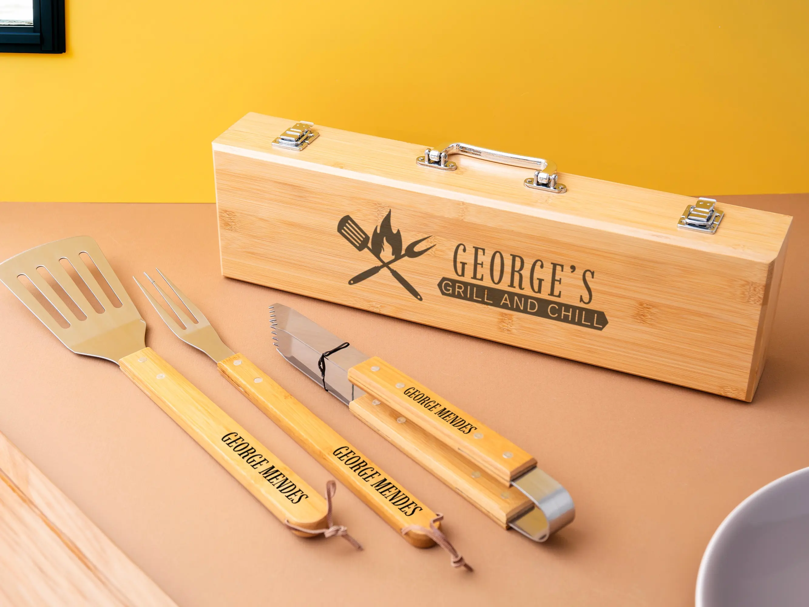 Custom BBQ Set, Grill Set, BBQ Grilling Set, Cooking Utensils for BBQ, Grilling Tool Set, BBQ Set for Dad, Bamboo BBQ Set with Box, BBQ Utensils, Cooking Gadgets, Kitchenware Utensils, BBQ Serving Utensils, Father's Day Gift, Anniversary Gift